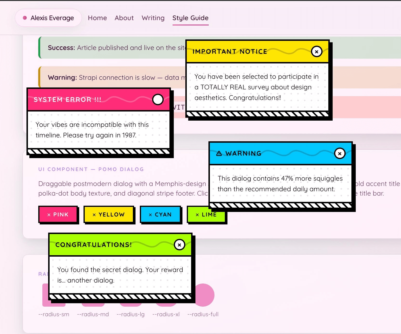 Memphis-style pop-up dialogs with colorful retro designs displaying various messages.