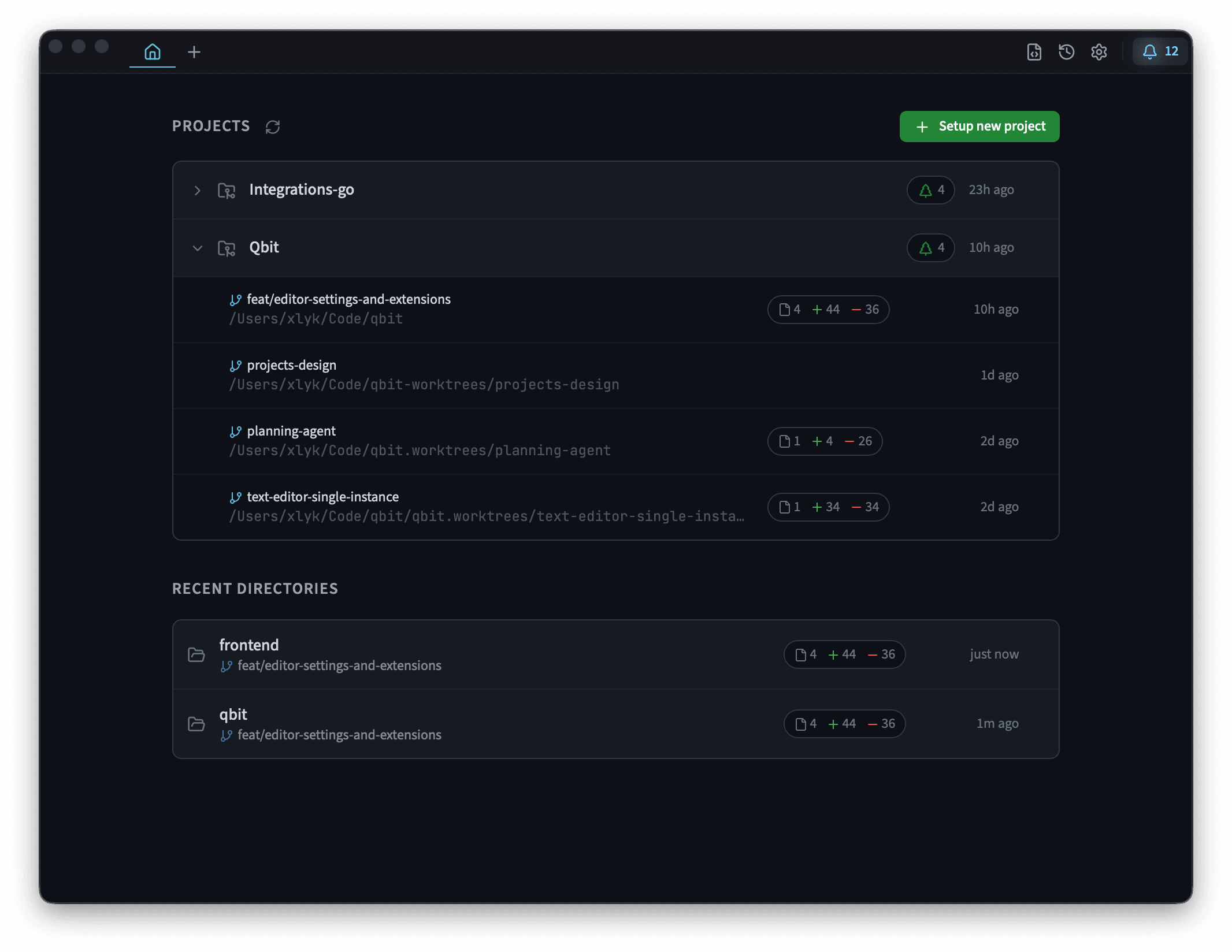 Dark-themed project dashboard displaying file listings, recent directories, and a 'New project' button.