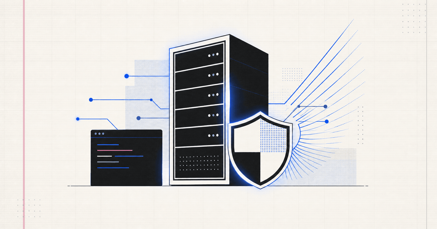 Minimal server and shield illustration with blue Hermes-inspired signal wings.